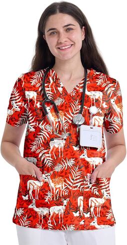 Scrub Tops for Women, V Neck Printed Scrub Tops, Medical Nursing Stretchy Shirts w/ 3 Pockets (Runs Small, Please Size Up) in Saudi Arabia