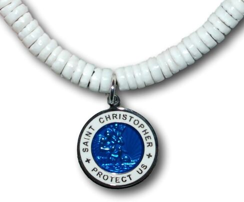 Native Treasure Unisex St Christopher Pendant Surfer Puka Shell Necklace from the Philippines, White Clam Heishi Shell Necklace, Tropical Beach Jewelry, Stainless Steel Cable in Kuwait