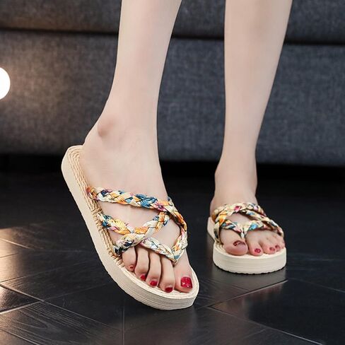 Women's Floral Braided Crisscross Flip Flop Sandals - Espadrille Sole Flat Summer Flip Flop for Beach, Vacation & Casual Daily Wear in Saudi Arabia
