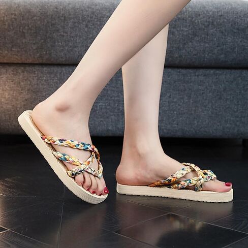 Women's Floral Braided Crisscross Flip Flop Sandals - Espadrille Sole Flat Summer Flip Flop for Beach, Vacation & Casual Daily Wear in Saudi Arabia