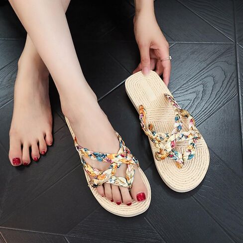 Women's Floral Braided Crisscross Flip Flop Sandals - Espadrille Sole Flat Summer Flip Flop for Beach, Vacation & Casual Daily Wear in Saudi Arabia