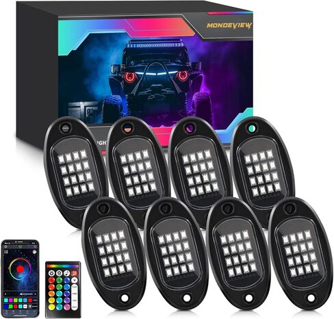 8 Pods RGB LED Rock Lights لسيارات الجيب والشاحنات وعربات الجولف وUTVs، مجموعة Underglow المقاومة للماء مع التحكم في التطبيق، وضع الموسيقى، أضواء النيون السفلية 12 فولت للسيارات، ATV، RZR، SUV، مركبات الطرق الوعرة in Kuwait