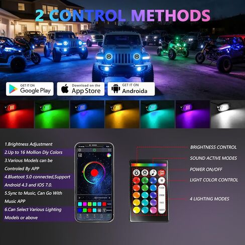 8 Pods RGB LED Rock Lights لسيارات الجيب والشاحنات وعربات الجولف وUTVs، مجموعة Underglow المقاومة للماء مع التحكم في التطبيق، وضع الموسيقى، أضواء النيون السفلية 12 فولت للسيارات، ATV، RZR، SUV، مركبات الطرق الوعرة in Kuwait