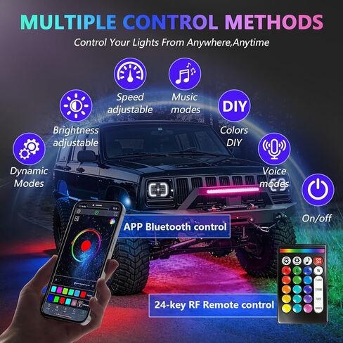 8 Pods RGB LED Rock Lights لسيارات الجيب والشاحنات وعربات الجولف وUTVs، مجموعة Underglow المقاومة للماء مع التحكم في التطبيق، وضع الموسيقى، أضواء النيون السفلية 12 فولت للسيارات، ATV، RZR، SUV، مركبات الطرق الوعرة in Kuwait