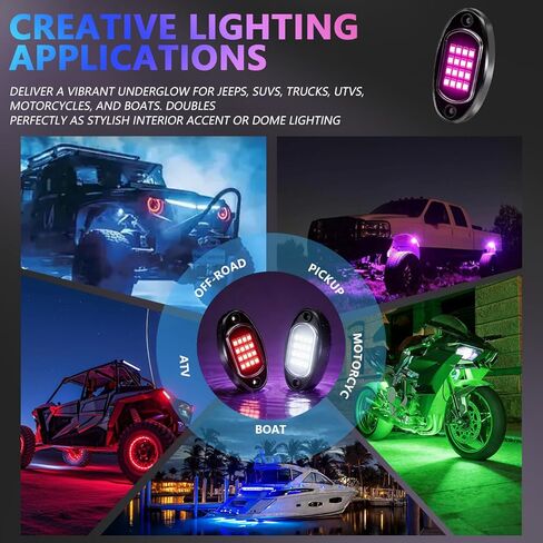 8 Pods RGB LED Rock Lights لسيارات الجيب والشاحنات وعربات الجولف وUTVs، مجموعة Underglow المقاومة للماء مع التحكم في التطبيق، وضع الموسيقى، أضواء النيون السفلية 12 فولت للسيارات، ATV، RZR، SUV، مركبات الطرق الوعرة in Kuwait