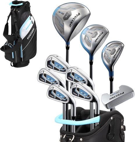 Precise AMG Ladies Womens Complete Golf Clubs Set Includes Driver, Fairway, Hybrid, 6-PW Irons, Putter, Stand Bag, 3 H/C's - Choose Color and Size! (Light Blue, Petite Size -1") in Kuwait