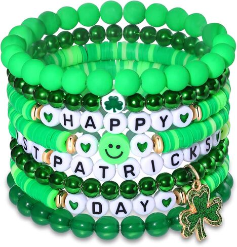 FAERLIIRY St. Patrick's Day Bracelets for Women Beaded Heishi Bracelets Preppy Surfer Adjustable Stretch Bracelets Green Glass Bead Bracelets Shamrock Bracelet Irish Party Jewelry Decor Gifts in Saudi Arabia