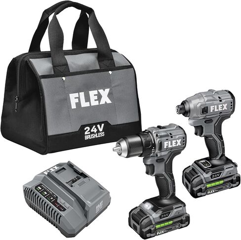 مجموعة كومبو مدمجة مكونة من أداتين بدون فرشاة 24 فولت من فليكس: محرك مثقاب بسرعتين 1/2 بوصة ومحرك سداسي 1/4 بوصة مع (2) بطاريات ليثيوم 2.5 أمبير وشاحن سريع 160 وات - FXM205-2A in Kuwait