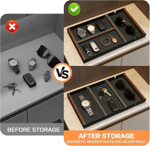 Desk Drawer Organizer Tray With Removable Magnetic Wooden Strip,Freely Adjustable Space,Made of Aluminum and Walnut,Valet Tray for Mens,Desk Accessories for Office/Home/Nightstand in Saudi Arabia