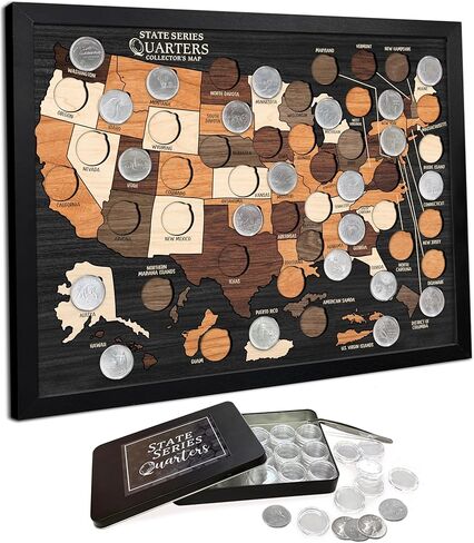 عرض خريطة مجموعة ربع الولاية الخشبية من flinelife، مقاس 16 × 12، 50 ولاية و6 أقاليم، تأتي مع 60 كبسولة عملات بلاستيكية شفافة للتخزين، مثالية لمحبي ربع الولاية والعائلات in Kuwait