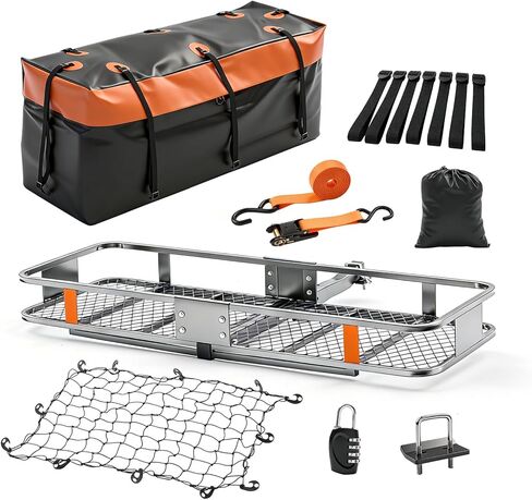 NEWBULIG Folding Hitch Mount Cargo Carrier – 60.1" x 20" x 6" Steel Rack, 500 lbs Capacity, Includes Waterproof Bag, Cargo Net, Combination Lock， Straps and Hitch Stabilizer in Kuwait