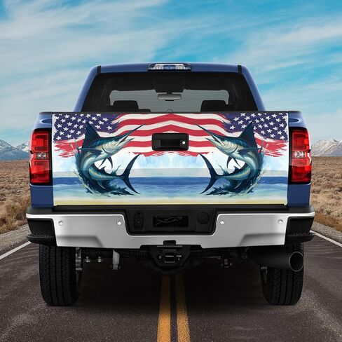 TGW191 Marlin American Flag Tailgate Wrap Decal, Patriotic Fishing Ocean Truck Tailgate, Swordfish Fishing Pickup Vinyl Wrap (Multicolor) in Saudi Arabia