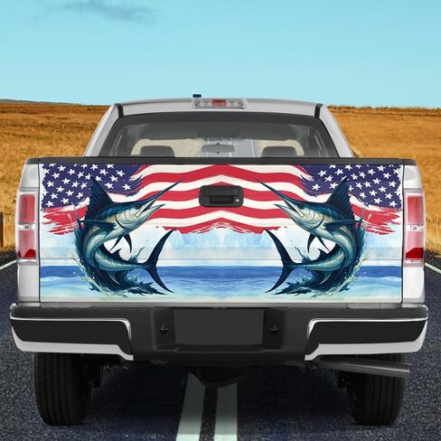 TGW191 Marlin American Flag Tailgate Wrap Decal, Patriotic Fishing Ocean Truck Tailgate, Swordfish Fishing Pickup Vinyl Wrap (Multicolor) in Saudi Arabia