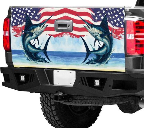 TGW191 Marlin American Flag Tailgate Wrap Decal, Patriotic Fishing Ocean Truck Tailgate, Swordfish Fishing Pickup Vinyl Wrap (Multicolor) in Saudi Arabia