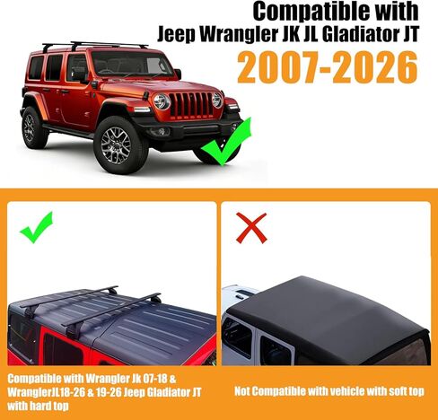 قضبان متقاطعة لحامل السقف قابلة للقفل من Zorik متوافقة مع Jeep Wrangler JK JL & Gladiator JT 2007-2026 2/4 باب، سعة تحميل 220 رطل من الألومنيوم عالي التحمل، مع حزام واحد (لون عشوائي) in Saudi Arabia