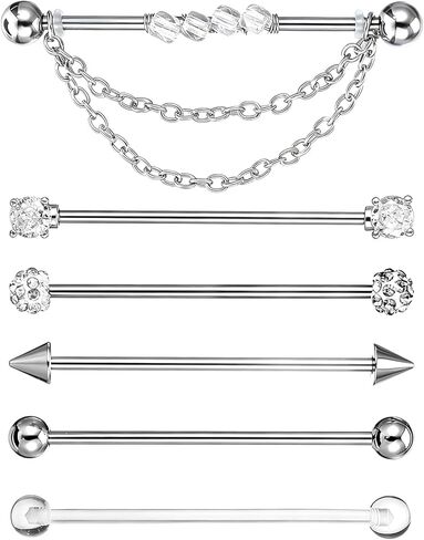 6Pcs Industrial Bar, 14G Industrial Piercing Jewelry, CZ Crystal Chain Surgical Steel Cartilage Earrings Barbell for Women(38mm Bar Length) in Kuwait