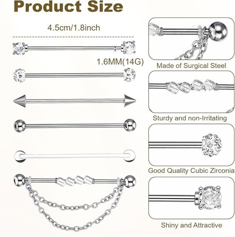 6Pcs Industrial Bar, 14G Industrial Piercing Jewelry, CZ Crystal Chain Surgical Steel Cartilage Earrings Barbell for Women(38mm Bar Length) in Kuwait