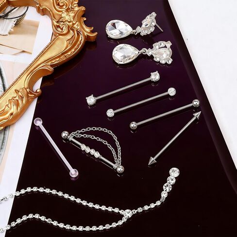 6Pcs Industrial Bar, 14G Industrial Piercing Jewelry, CZ Crystal Chain Surgical Steel Cartilage Earrings Barbell for Women(38mm Bar Length) in Kuwait