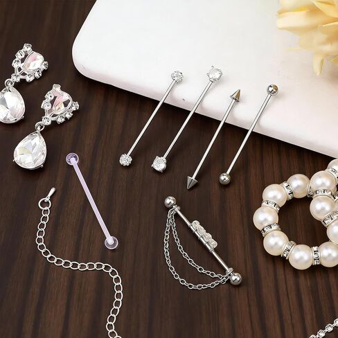 6Pcs Industrial Bar, 14G Industrial Piercing Jewelry, CZ Crystal Chain Surgical Steel Cartilage Earrings Barbell for Women(38mm Bar Length) in Kuwait