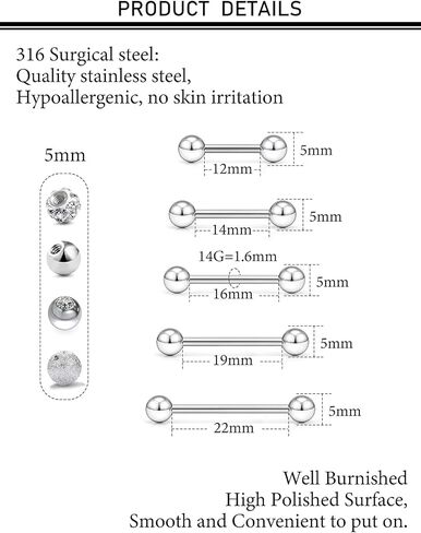 14G 16G Nipple Piercings Tongue Rings Externally Threaded Hypoallergenic 316L Surgical Steel Nipple Tongue Barbell Piercing Jewelry for Women Men 12mm 14mm 16mm 19mm 22mm in Saudi Arabia
