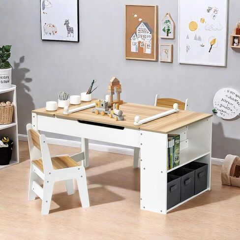 مجموعة طاولات وكراسي الأطفال الصغار من LuxenHome، طاولة وكراسي أطفال متعددة الوظائف مع مساحة تخزين، لعب الأطفال، الرسم، القراءة، طاولة أنشطة لغرفة الأطفال، أبيض طبيعي in Kuwait