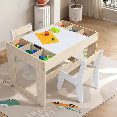 LuxenHome Toddler Table and Chairs Set, Multi-Functional Kids Table and Chairs with Storage, Children Play, Drawing, Reading, Activity Table for Kid Room, Natural White in Saudi Arabia