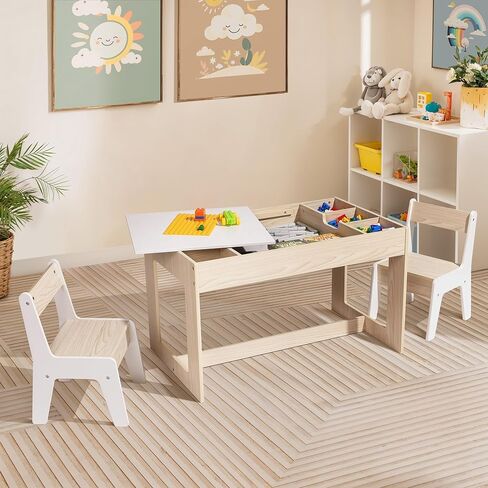 LuxenHome Toddler Table and Chairs Set, Multi-Functional Kids Table and Chairs with Storage, Children Play, Drawing, Reading, Activity Table for Kid Room, Natural White in Saudi Arabia