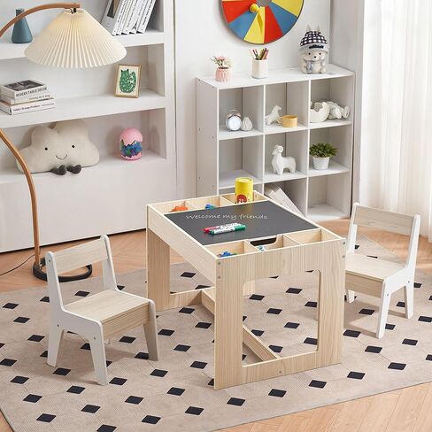 LuxenHome Toddler Table and Chairs Set, Multi-Functional Kids Table and Chairs with Storage, Children Play, Drawing, Reading, Activity Table for Kid Room, Natural White in Saudi Arabia