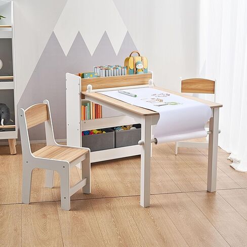 LuxenHome Toddler Table and Chairs Set, Multi-Functional Kids Table and Chairs with Storage, Children Play, Drawing, Reading, Activity Table for Kid Room, Natural White in Saudi Arabia