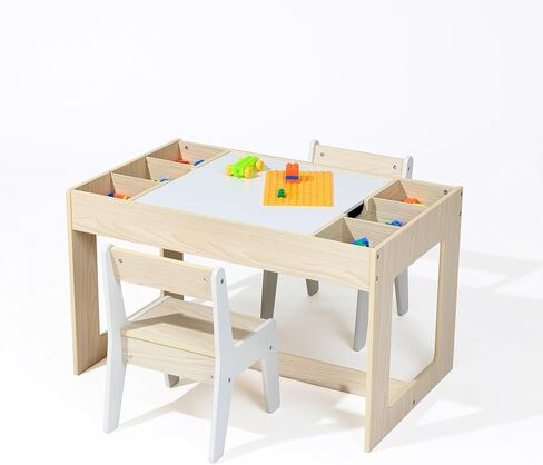 LuxenHome Toddler Table and Chairs Set, Multi-Functional Kids Table and Chairs with Storage, Children Play, Drawing, Reading, Activity Table for Kid Room, Natural White in Saudi Arabia
