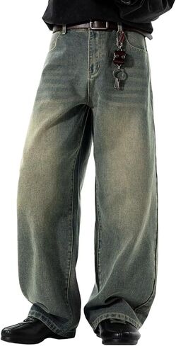 HENGAO Mens Baggy Jeans Vintage Hip Hop Wide Leg Denim Pants Y2K Streetwear Skater Loose Fit Trousers in Saudi Arabia