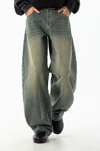 HENGAO Mens Baggy Jeans Vintage Hip Hop Wide Leg Denim Pants Y2K Streetwear Skater Loose Fit Trousers in Saudi Arabia