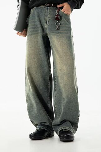 HENGAO Mens Baggy Jeans Vintage Hip Hop Wide Leg Denim Pants Y2K Streetwear Skater Loose Fit Trousers in Saudi Arabia