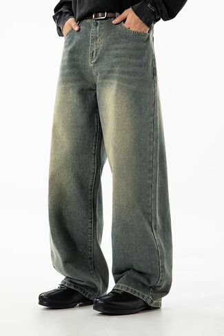 HENGAO Mens Baggy Jeans Vintage Hip Hop Wide Leg Denim Pants Y2K Streetwear Skater Loose Fit Trousers in Saudi Arabia