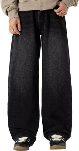 HENGAO Mens Baggy Jeans Vintage Hip Hop Wide Leg Denim Pants Y2K Streetwear Skater Loose Fit Trousers in Saudi Arabia