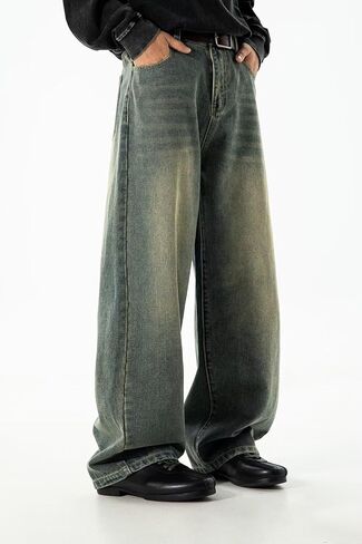 HENGAO Mens Baggy Jeans Vintage Hip Hop Wide Leg Denim Pants Y2K Streetwear Skater Loose Fit Trousers in Saudi Arabia