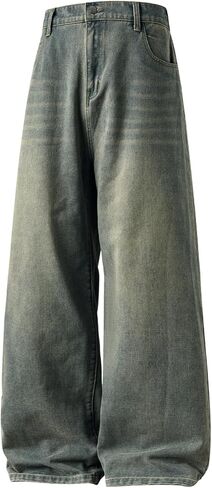 HENGAO Mens Baggy Jeans Vintage Hip Hop Wide Leg Denim Pants Y2K Streetwear Skater Loose Fit Trousers in Saudi Arabia