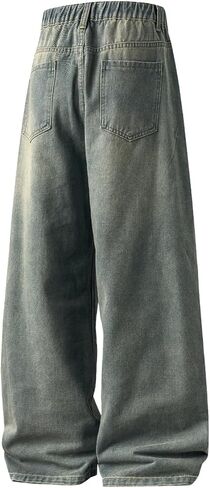 HENGAO Mens Baggy Jeans Vintage Hip Hop Wide Leg Denim Pants Y2K Streetwear Skater Loose Fit Trousers in Saudi Arabia