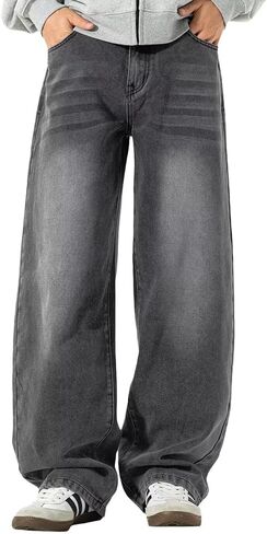 HENGAO Mens Baggy Jeans Vintage Hip Hop Wide Leg Denim Pants Y2K Streetwear Skater Loose Fit Trousers in Saudi Arabia