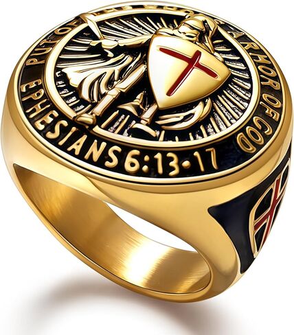 Christian Ring Knights Templar Put On The Whole Armor Of God Ephesians 6:13-17 Red Cross Design Men's Religious Catholic Ring,Biker Punk Cocktail Party 316L Stainless Steel Rings For Men Gift in Kuwait