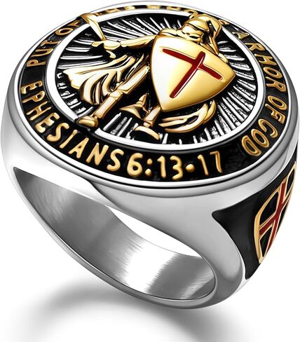 Christian Ring Knights Templar Put On The Whole Armor Of God Ephesians 6:13-17 Red Cross Design Men's Religious Catholic Ring,Biker Punk Cocktail Party 316L Stainless Steel Rings For Men Gift in Kuwait