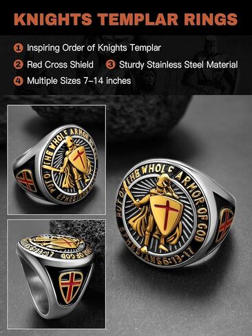 Christian Ring Knights Templar Put On The Whole Armor Of God Ephesians 6:13-17 Red Cross Design Men's Religious Catholic Ring,Biker Punk Cocktail Party 316L Stainless Steel Rings For Men Gift in Kuwait