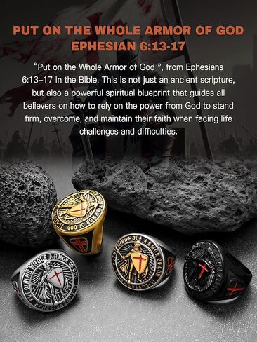 Christian Ring Knights Templar Put On The Whole Armor Of God Ephesians 6:13-17 Red Cross Design Men's Religious Catholic Ring,Biker Punk Cocktail Party 316L Stainless Steel Rings For Men Gift in Kuwait