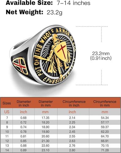 Christian Ring Knights Templar Put On The Whole Armor Of God Ephesians 6:13-17 Red Cross Design Men's Religious Catholic Ring,Biker Punk Cocktail Party 316L Stainless Steel Rings For Men Gift in Kuwait