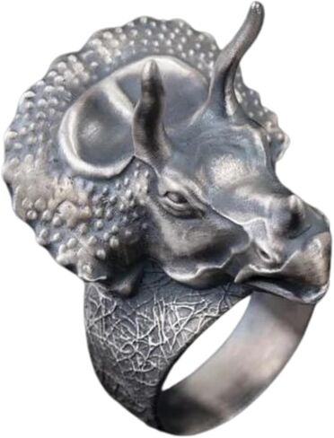 Sterling Silver Triceratops Dinosaur Ring, 0.079 lbs, 1,29 x 1,18 Inch, Ancient Meteorite Accent, Hammered Design, Gothic Punk Mens Ring, Personalized Gift for Boyfriend in Saudi Arabia