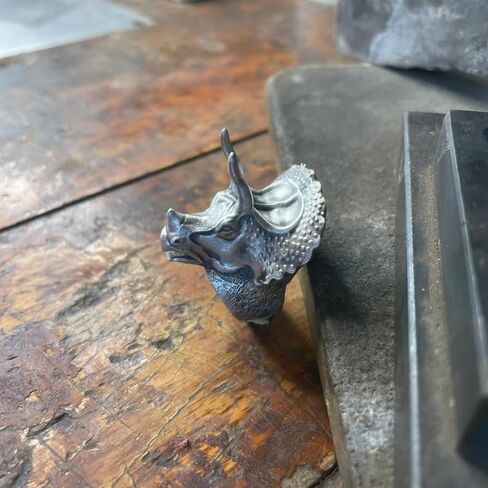 Sterling Silver Triceratops Dinosaur Ring, 0.079 lbs, 1,29 x 1,18 Inch, Ancient Meteorite Accent, Hammered Design, Gothic Punk Mens Ring, Personalized Gift for Boyfriend in Saudi Arabia