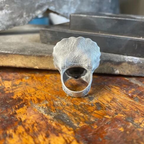 Sterling Silver Triceratops Dinosaur Ring, 0.079 lbs, 1,29 x 1,18 Inch, Ancient Meteorite Accent, Hammered Design, Gothic Punk Mens Ring, Personalized Gift for Boyfriend in Saudi Arabia