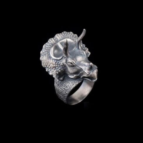 Sterling Silver Triceratops Dinosaur Ring, 0.079 lbs, 1,29 x 1,18 Inch, Ancient Meteorite Accent, Hammered Design, Gothic Punk Mens Ring, Personalized Gift for Boyfriend in Saudi Arabia