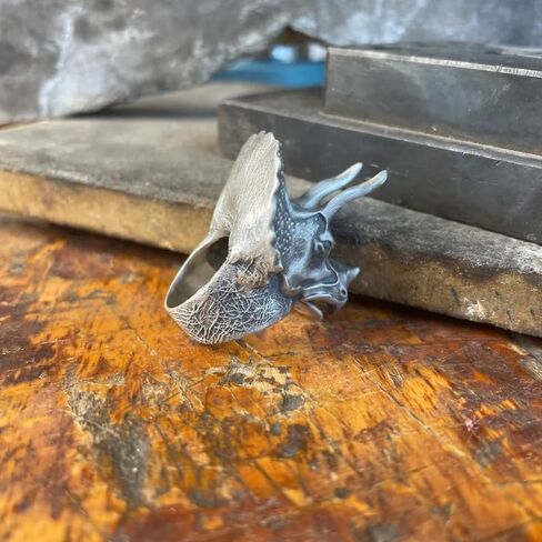 Sterling Silver Triceratops Dinosaur Ring, 0.079 lbs, 1,29 x 1,18 Inch, Ancient Meteorite Accent, Hammered Design, Gothic Punk Mens Ring, Personalized Gift for Boyfriend in Saudi Arabia