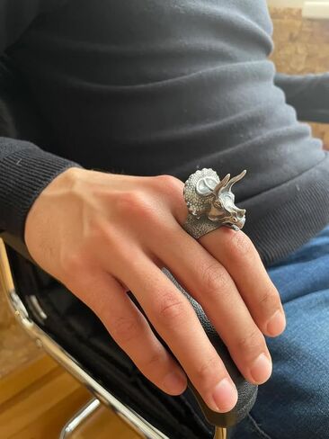 Sterling Silver Triceratops Dinosaur Ring, 0.079 lbs, 1,29 x 1,18 Inch, Ancient Meteorite Accent, Hammered Design, Gothic Punk Mens Ring, Personalized Gift for Boyfriend in Saudi Arabia
